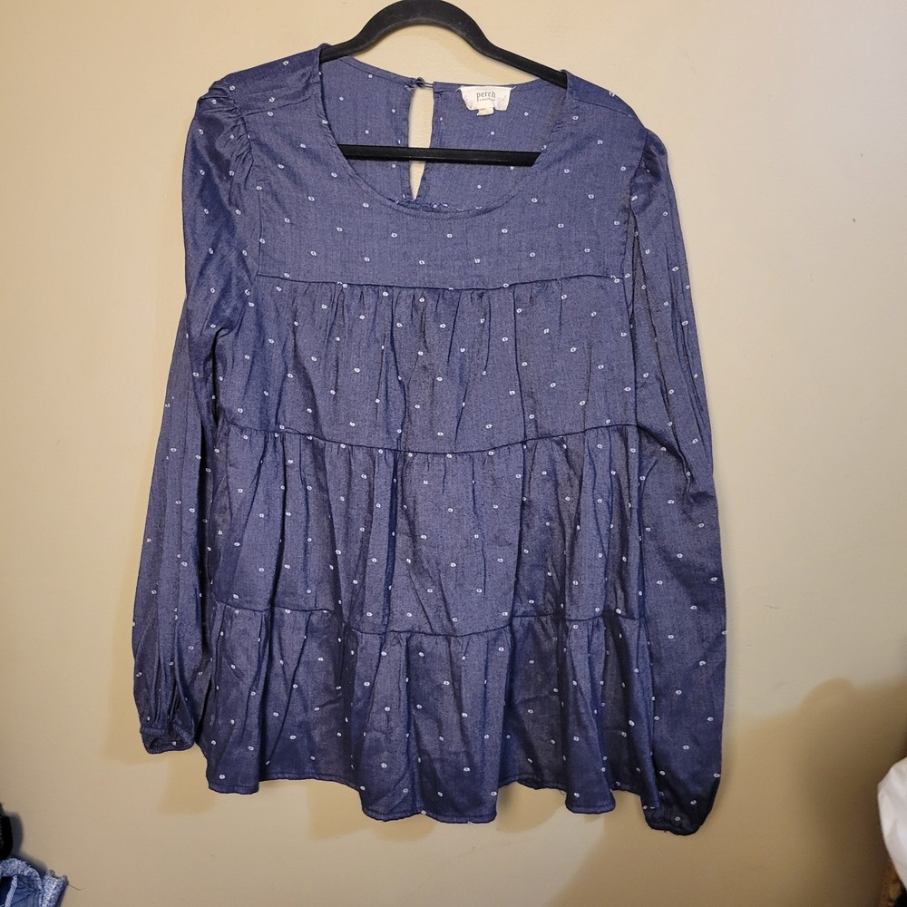Perch Blu Pepper Tiered Tunic Women 2XL Blue Excellent Boho Floral Dot Blouse